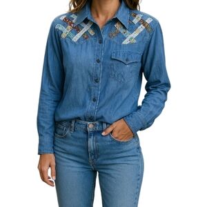 Vintage Blue Handmade Patchwork Buttondown Longsleeve Shirt